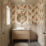 Clay & Laurel Wallpaper with repeating dog pattern on a light beige background.