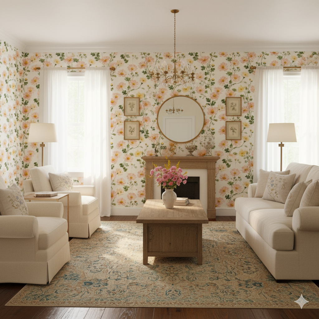 Blush meadow wallpaper featuring a floral pattern with orange and yellow flowers and green leaves.