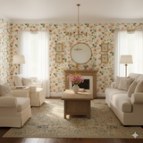 Blush meadow wallpaper featuring a floral pattern with orange and yellow flowers and green leaves.