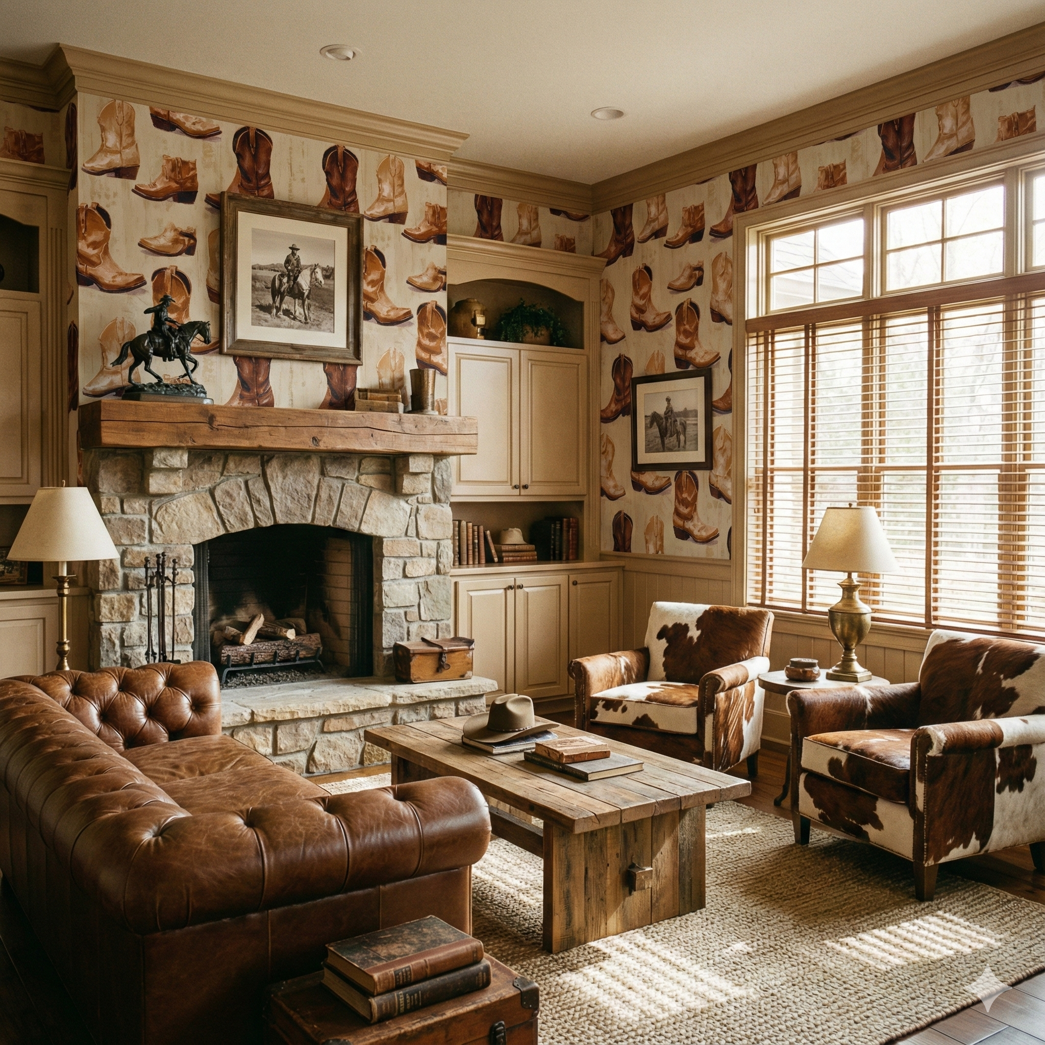 Dry Creek Mercantile Wallpaper with a cowboy boot pattern covering the walls of a rustic living room.