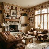 Dry Creek Mercantile Wallpaper with a cowboy boot pattern covering the walls of a rustic living room.