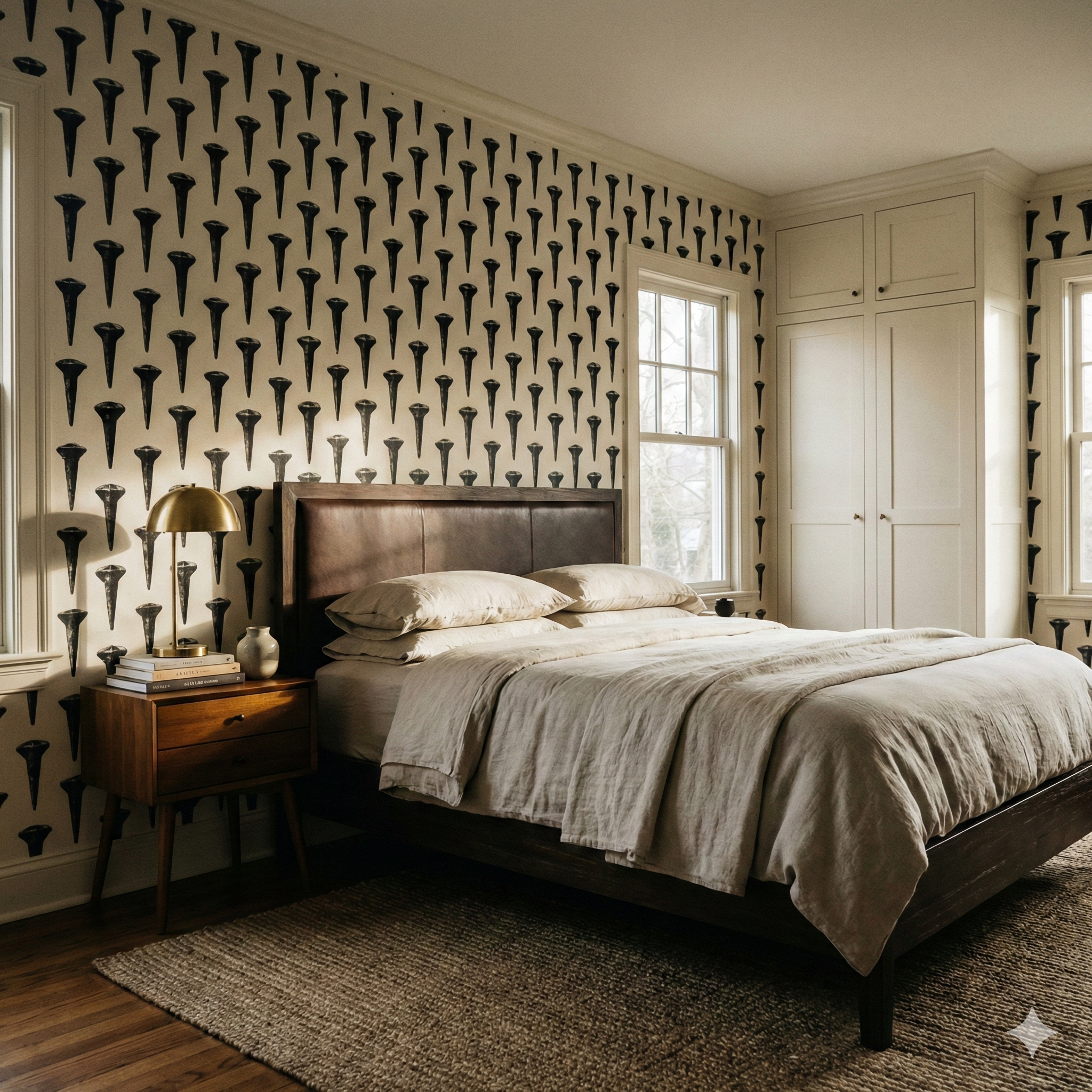 Patterned wallpaper with nail motif by Iron Range Mark, adorning a neutral toned bedroom wall with rug and bed.
