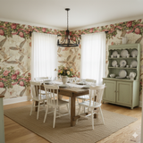 Bellecour wallpaper with floral and bird pattern, accenting a dining room.