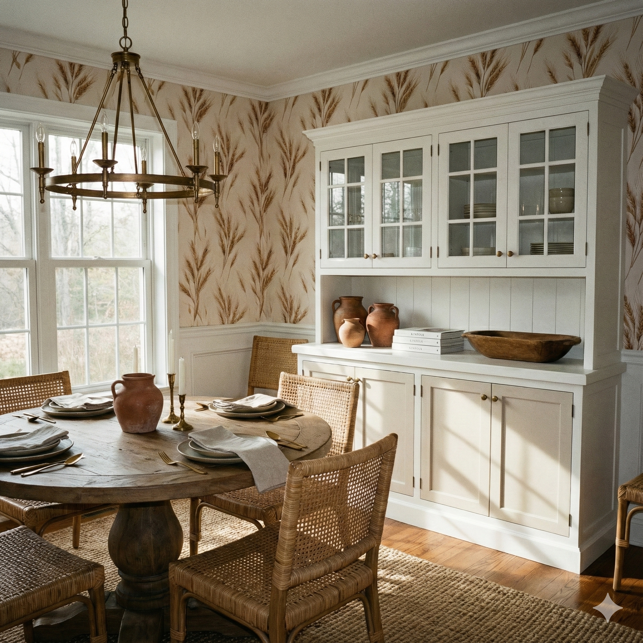 Wheat patterned Harveston Rye Wallpaper with light tan and brown tones.