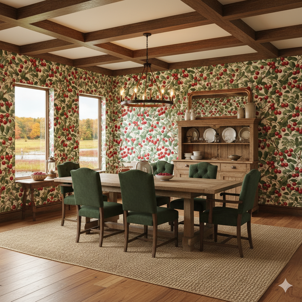 Cranberry Crawl Wallpaper with cherry pattern over white background, adorning a traditional dining room.