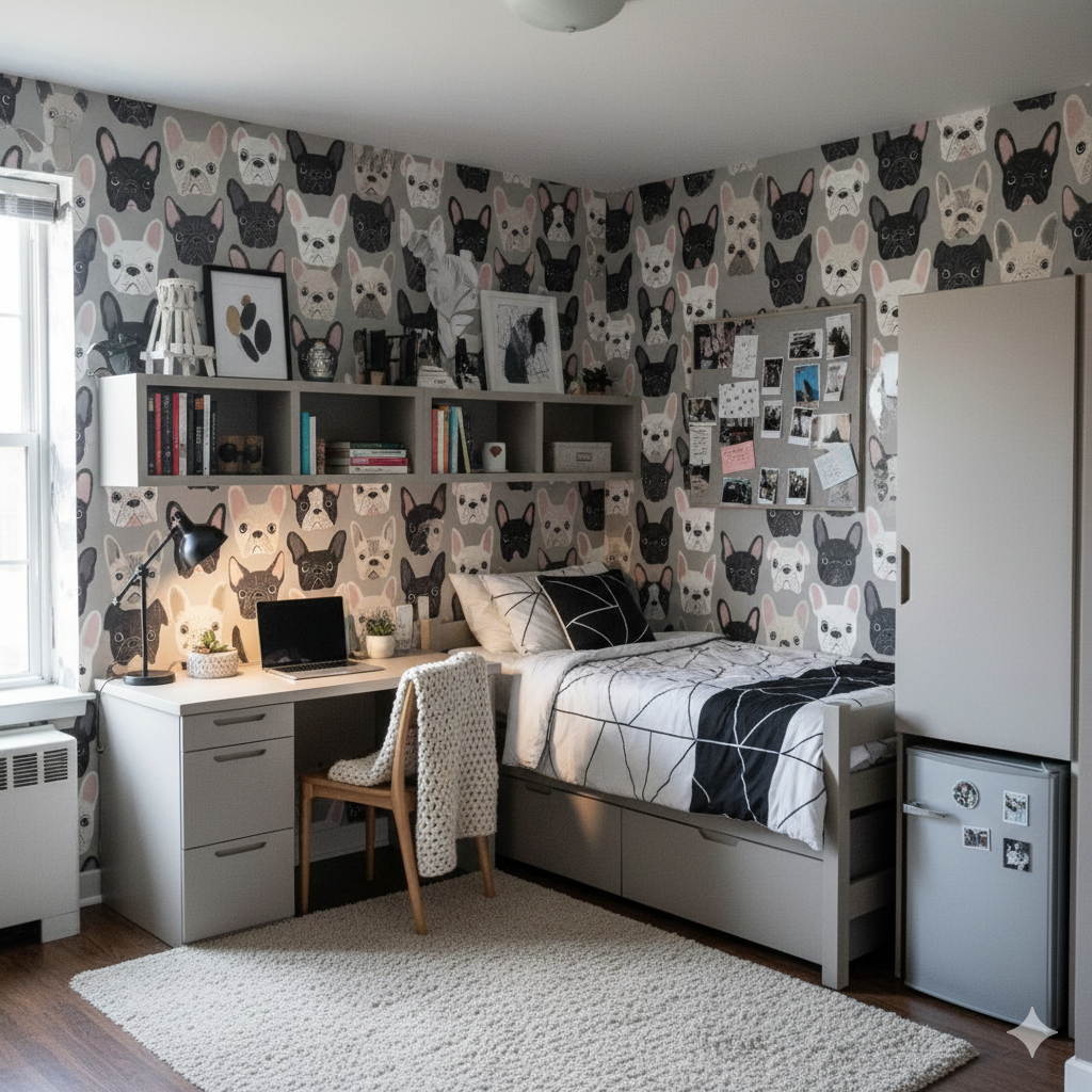 Patterned wallpaper from Lunette & Co. featuring a repeating bulldog motif in gray, black, and white.
