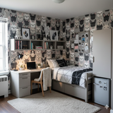 Patterned wallpaper from Lunette & Co. featuring a repeating bulldog motif in gray, black, and white.