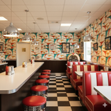 Retro patterned wallpaper with colorful mid-century geometric design.
