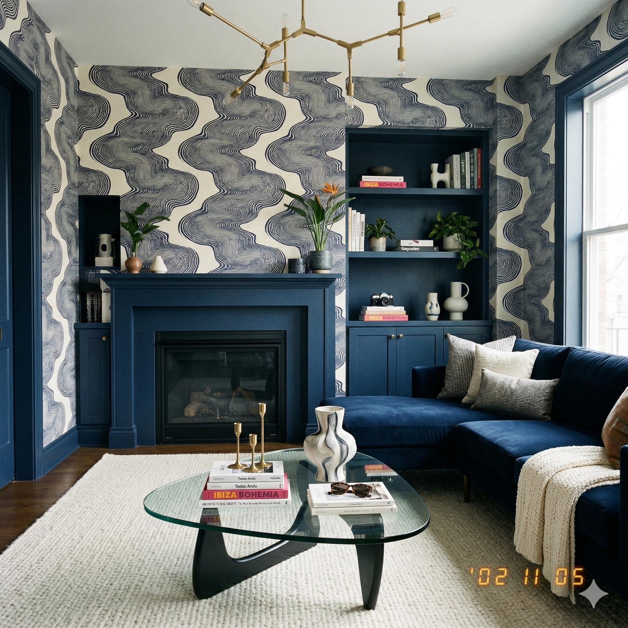 Patterned wallpaper by unknown brand featuring a swirling cobalt blue design on a light neutral background.
