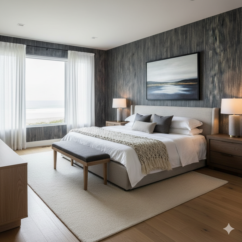 Obsidian reed wallpaper with a vertical pattern, against a bedroom wall, next to a large canvas art piece.

