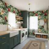 Scarlet Monstera wallpaper with parrot pattern, covering the walls of a bright laundry room.

