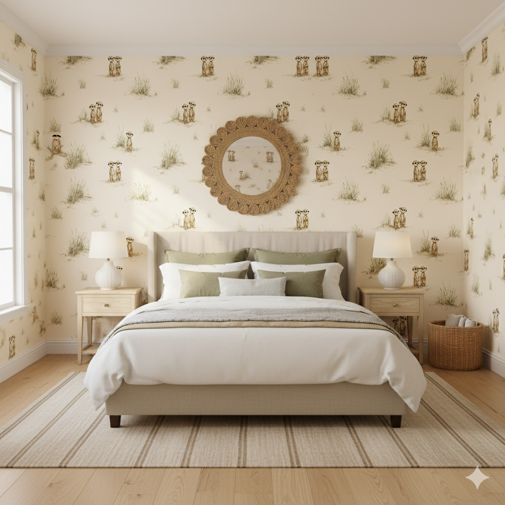 Kalahari Kin Wallpaper with meerkat and grass pattern on a tan background.
