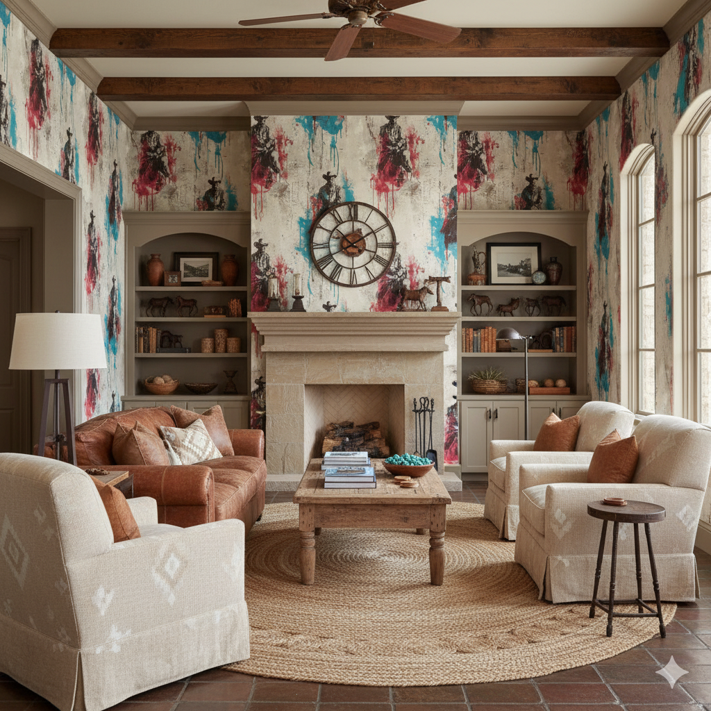 Cowboy-themed wallpaper featuring red and blue accents with figures of cowboys, no brand attribution, complements a living room setting.
