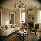 Marabella Crest Wallpaper with gold shell pattern on a beige textured backdrop.