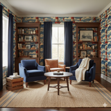 Keeper’s Watch Wallpaper with lighthouse pattern, in a room setting with chairs and a round table.
