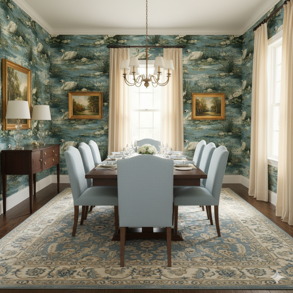Silverwater Swan Wallpaper featuring a blue and white wildlife pattern.
