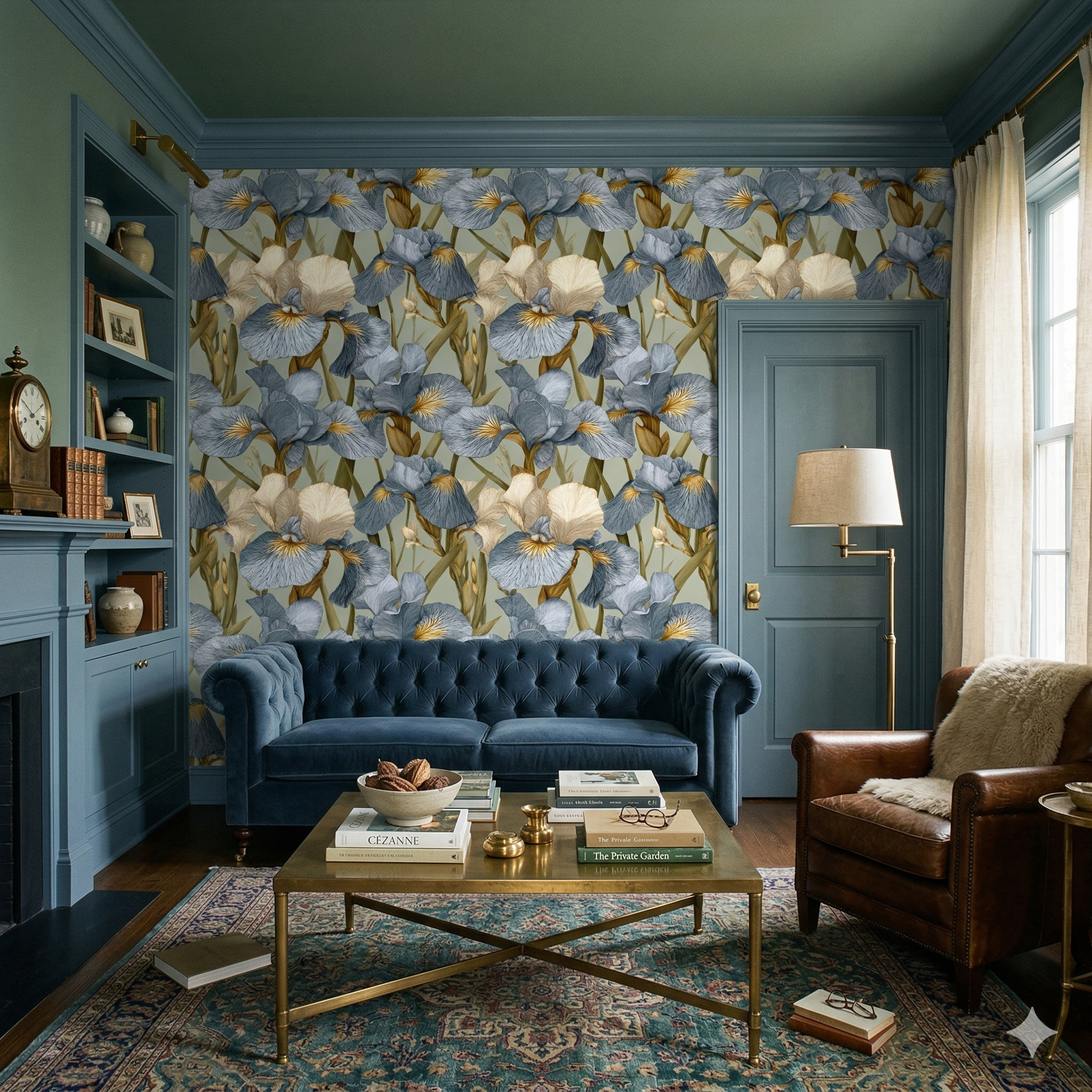 Floral iris column wallpaper with neutral accents, with floral details.