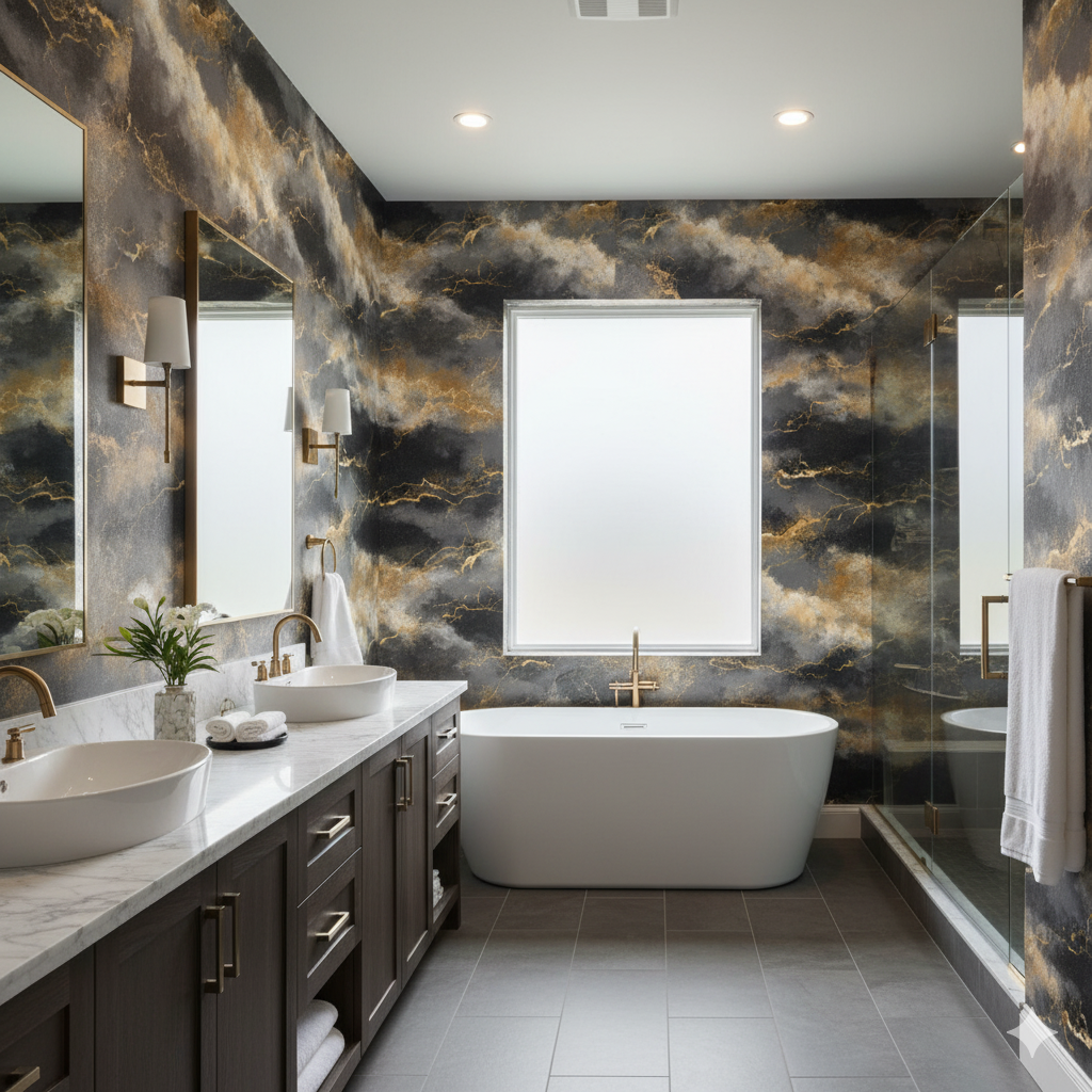 Stormborne wallpaper with a black and gold cloudy pattern, covering the walls of a modern bathroom.