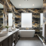 Stormborne wallpaper with a black and gold cloudy pattern, covering the walls of a modern bathroom.