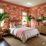 Tropical wallpaper with flamingo pattern, from Wallshoppe, creating a colorful bedroom scene.