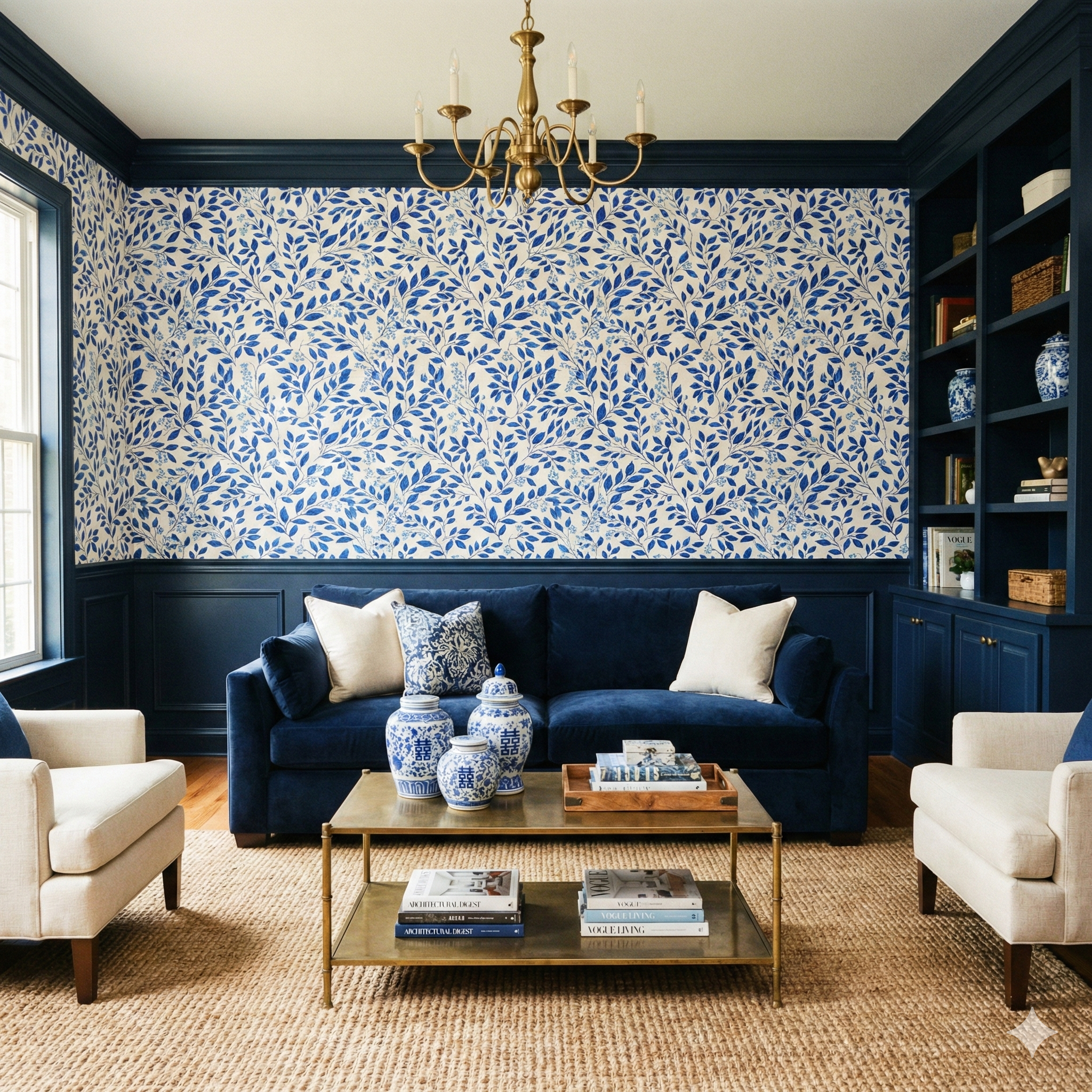 Botanical print wallpaper with blue leaf pattern on cream background.