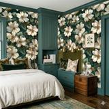 Verdant Camellia Reverie Wallpaper with floral pattern against a dark teal backdrop.
