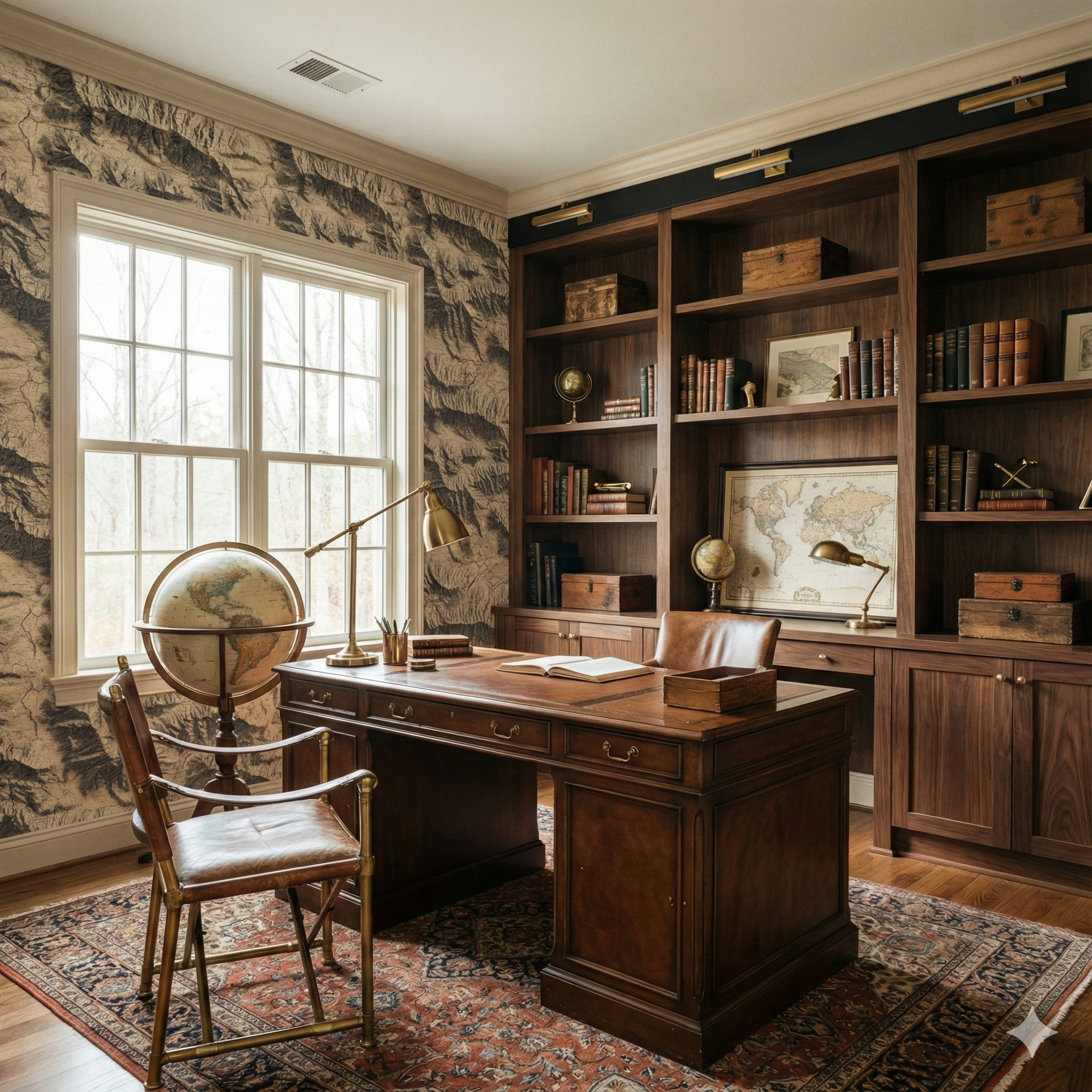 Alta Ridge Survey Wallpaper with mountain range pattern, map-like texture in a traditional style room.