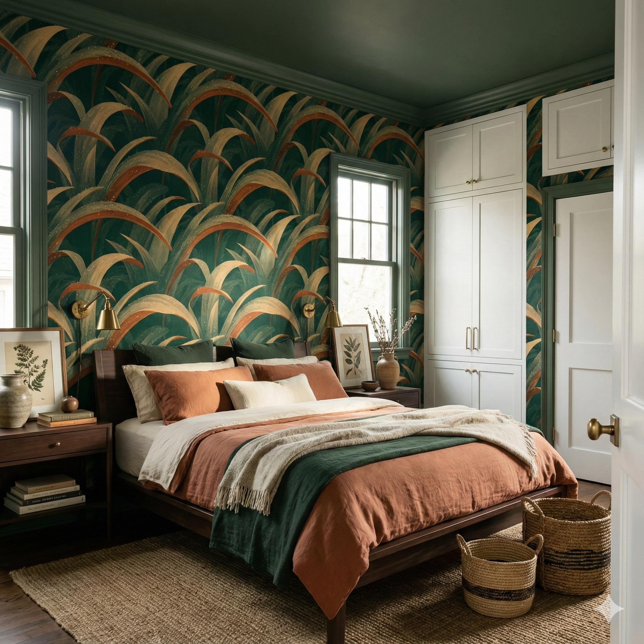 Glenhaven Arc Wallpaper with a dark green backdrop, featuring light tan and copper leaf patterns.
