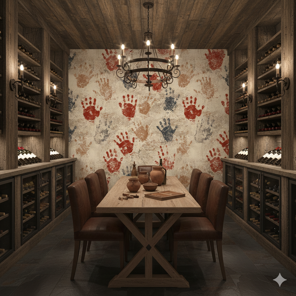 Blood of the Ancestors Wallpaper with handprint pattern on a textured wall, showcased in a wine cellar setting.