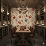Blood of the Ancestors Wallpaper with handprint pattern on a textured wall, showcased in a wine cellar setting.