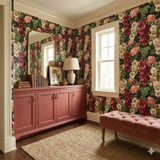 Floral Hawthorne Pavilions wallpaper with a dark green background and red, pink, and white flowers.