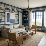 Distressed blue pattern wallpaper in a living room with natural light, the walls are decorated with navy blue trim.