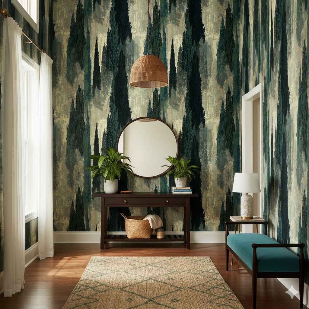 Green Cypressoire wallpaper from Brewster Wallcovering featuring a painterly forest pattern with trees and abstract shapes.
