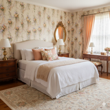 Floral Rosette Cascade Wallpaper with ribbons, cascading floral swags, and a cream background.

