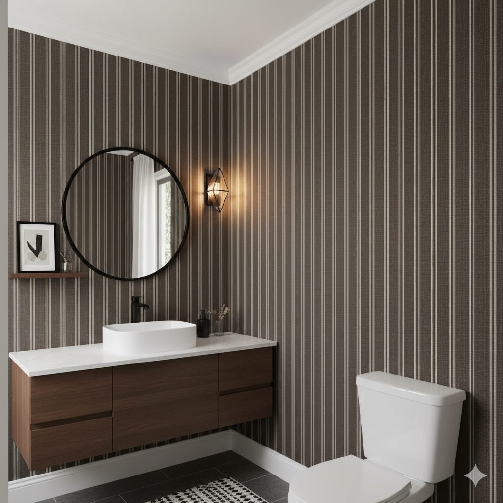 Bastion Stripe Wallpaper with brown and white vertical stripes pattern.