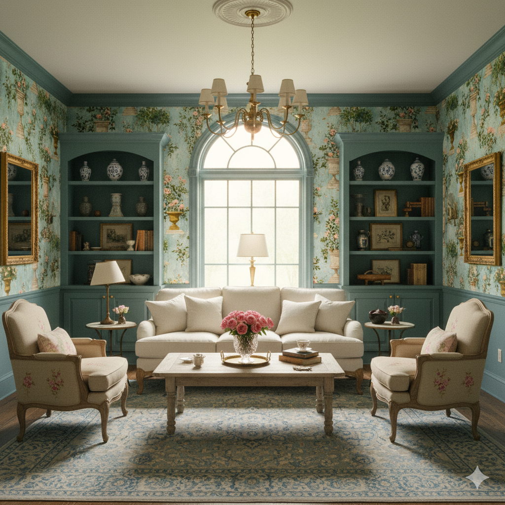 Palais Verdanne Wallpaper with floral and garden design, covering a traditionally decorated living room.