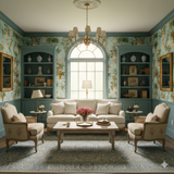 Palais Verdanne Wallpaper with floral and garden design, covering a traditionally decorated living room.
