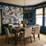 Bluehaven Meadow Wallpaper with floral pattern and a blue and purple color palette, complemented by matching trim.