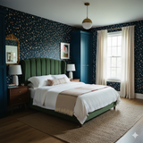 Midnight Confetti Field wallpaper featuring a dark floral pattern and a bedroom setting.