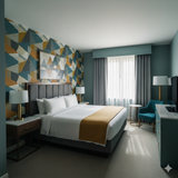 Geometric wallpaper with triangles by Brewster Wallcovering, adorning a bedroom wall with blue, gold, and gray shapes.
