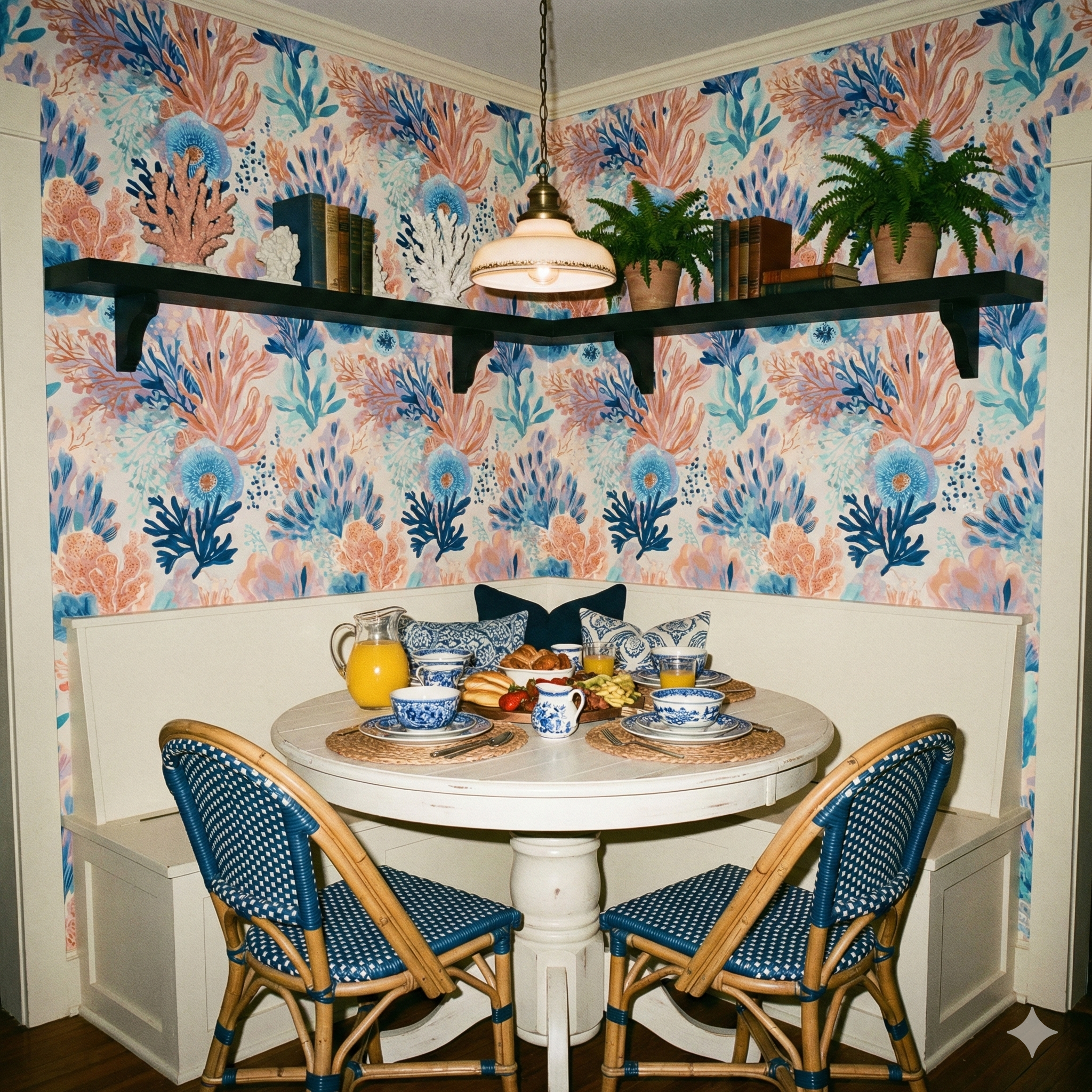 Floral wallpaper in shades of blue and coral, with a coral reef pattern.