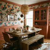 Opuntia Bloom Wallpaper with cactus and flower pattern, displayed in a dining room with wooden furniture and a cowhide rug.
