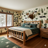Timberline Hollow Wallpaper with bear and tree pattern.
