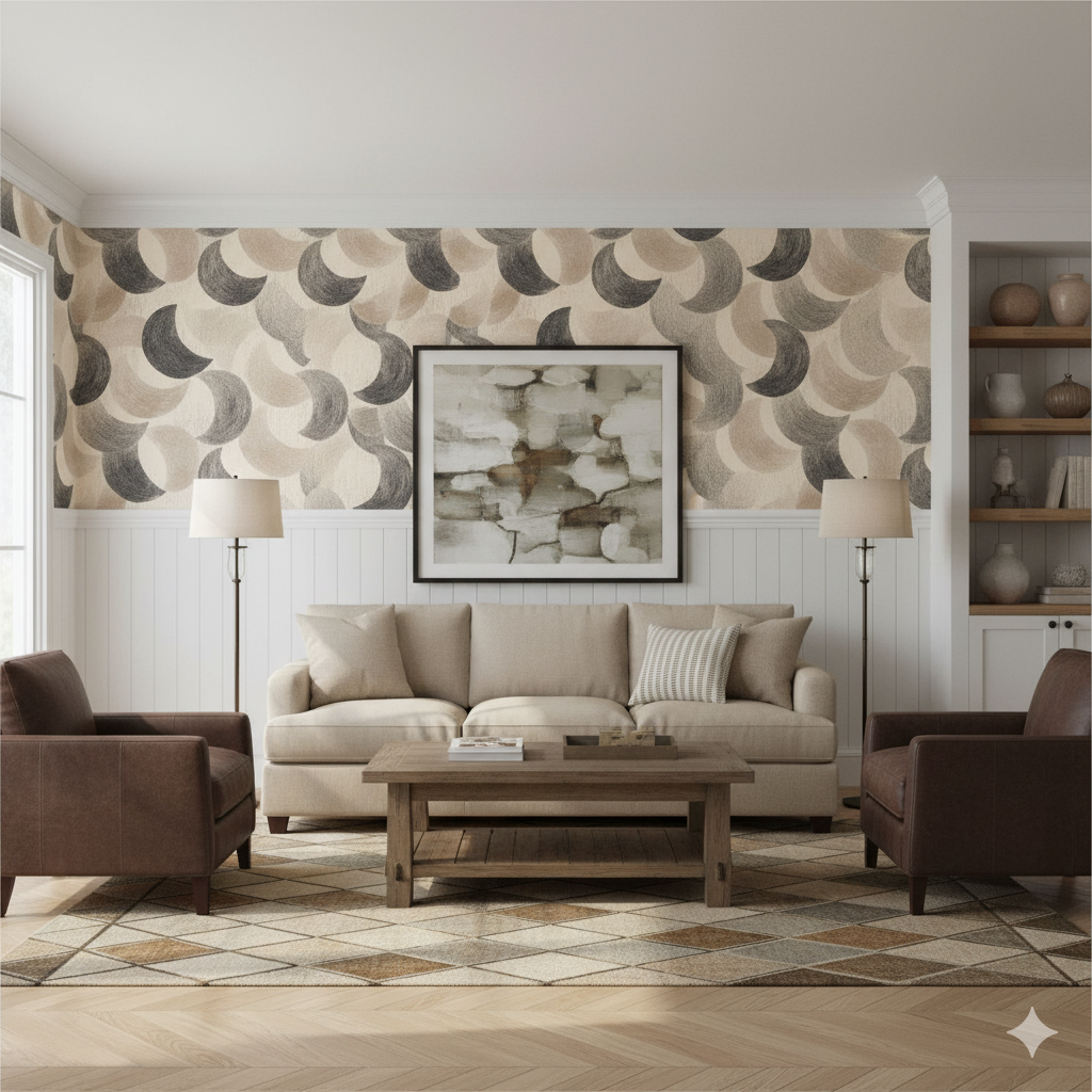 Eclipsera wallpaper with a crescent pattern, featuring beige, gray and black tones.