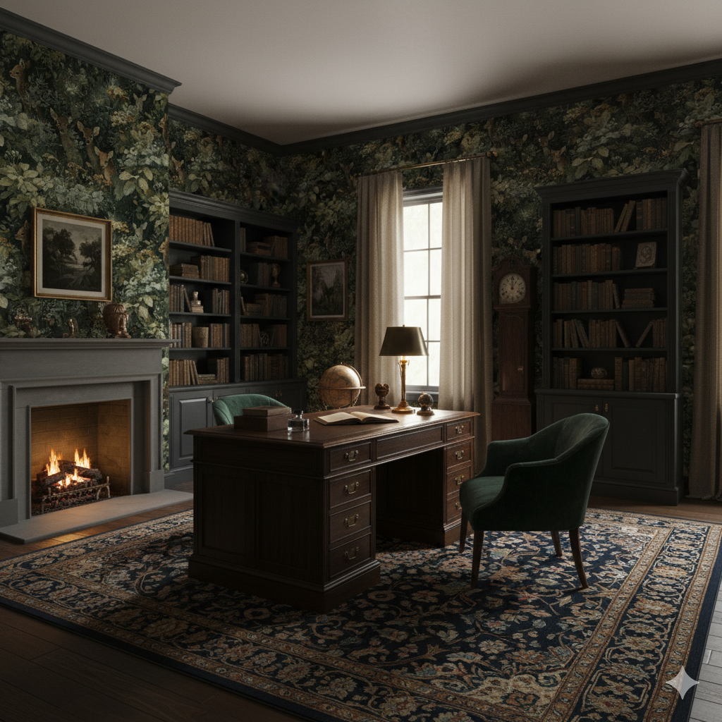 Woodland creatures wallpaper with a forest scene pattern, depicting animals and trees in a naturalistic style.