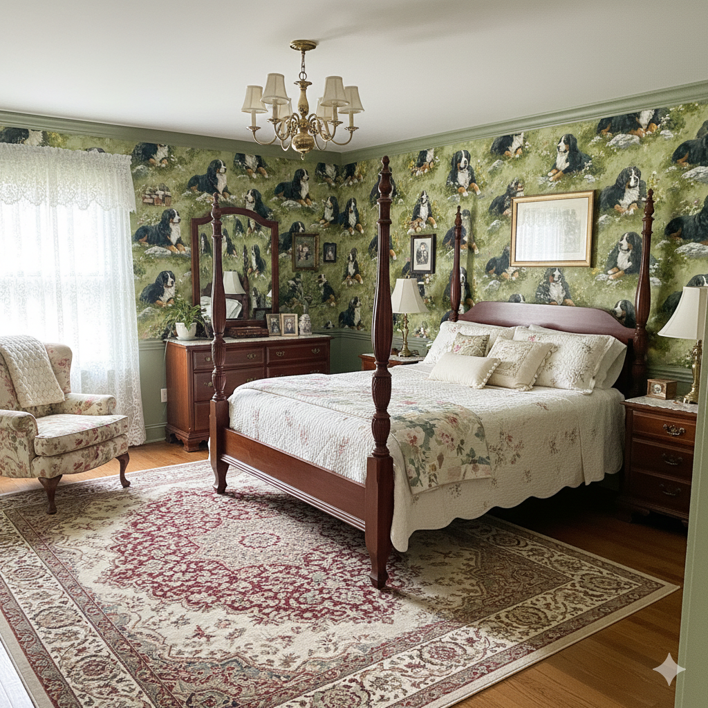 Green Edelweiss Hollow wallpaper with a dog pattern, featuring a dark wood four-poster bed in the foreground.