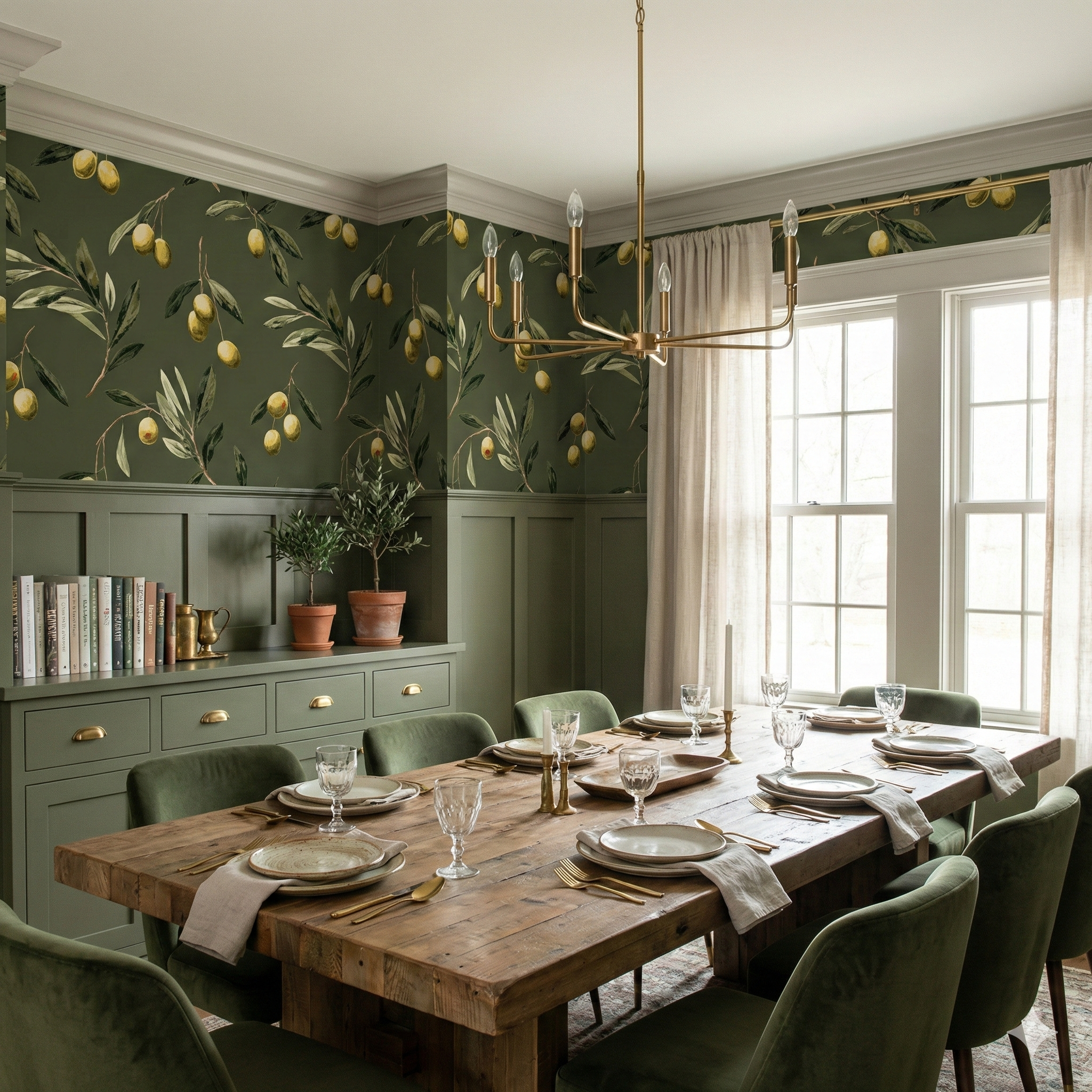 Green Valdora Grove Wallpaper with olive branch pattern, set in a dining room.
