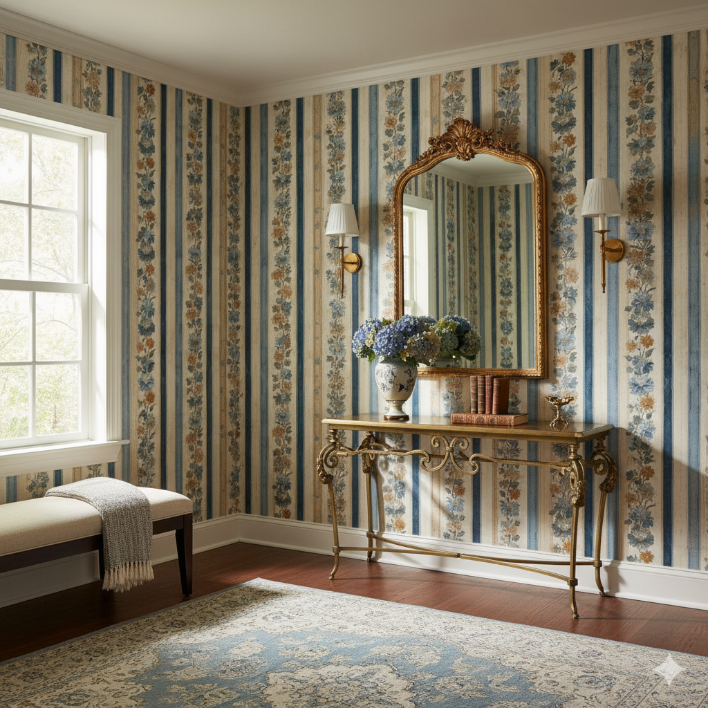 Floral stripe wallpaper in blue and beige with gold sconces and mirror.
