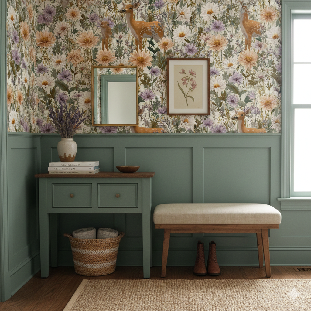 Floral wallpaper with deer accents, from Wildbloom Haven, covering the top half of an entryway with green wainscoting.