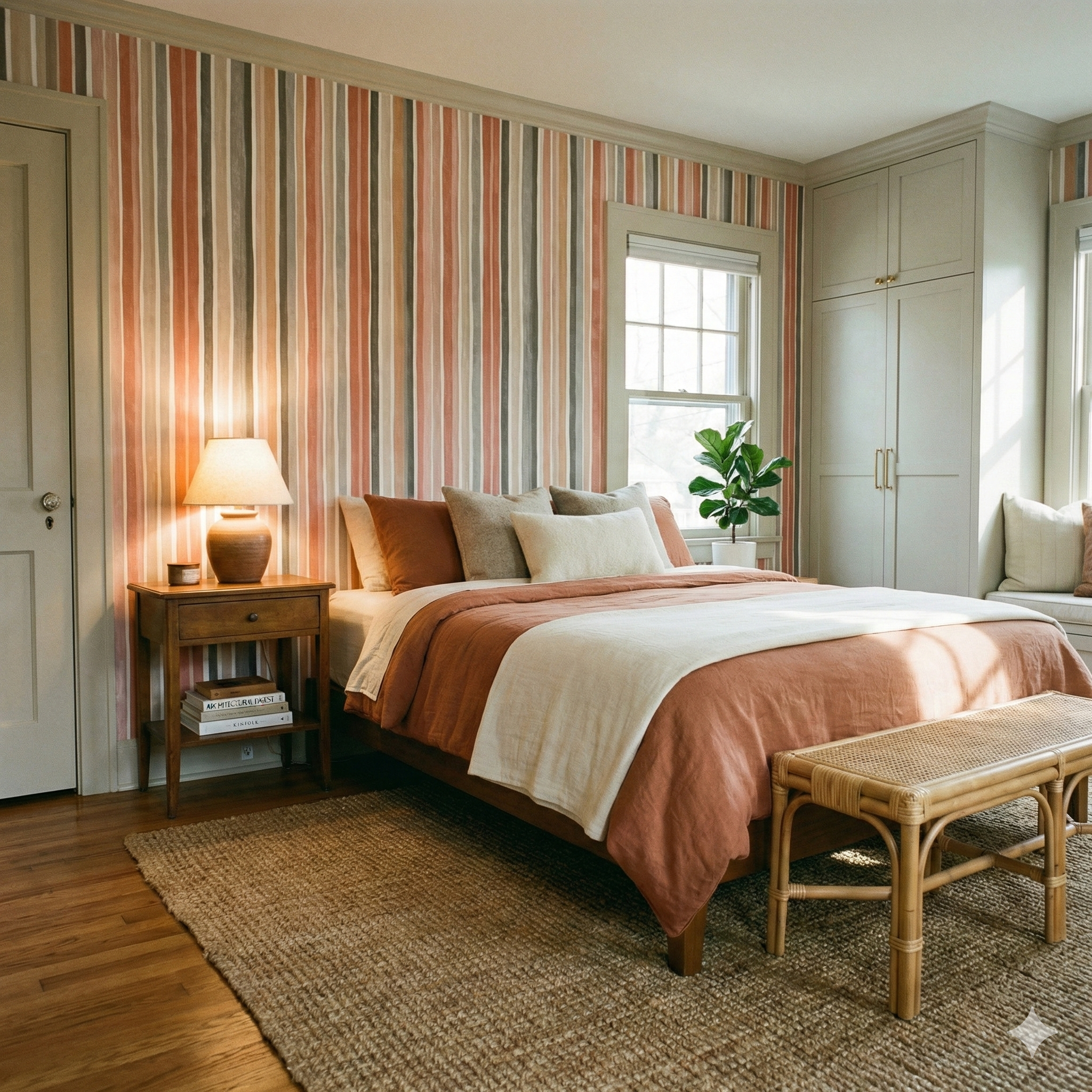 Textured Dune Thread Wallpaper with stripes, and vertical pattern on a bedroom wall.
